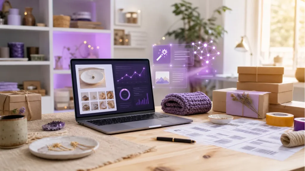 AI tools for Etsy sellers featured image showing AI-assisted Etsy listing workflow