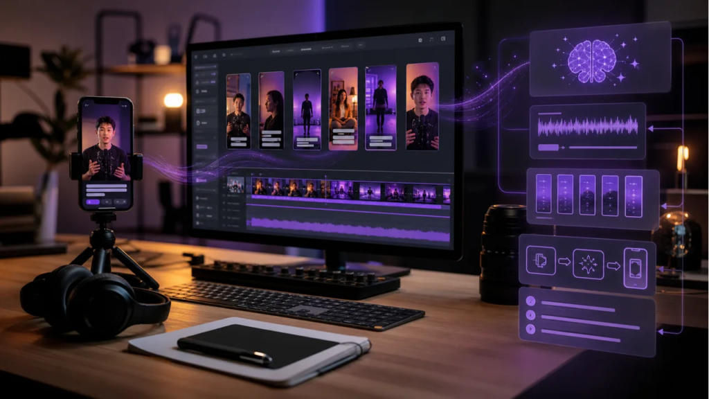 AI tools for YouTube Shorts featured image with vertical video editing workflow