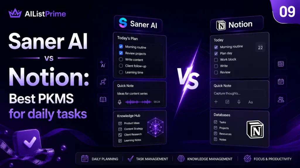 Beitragsbild: Saner AI vs NotionBestes PKMS für tägliche Aufgaben