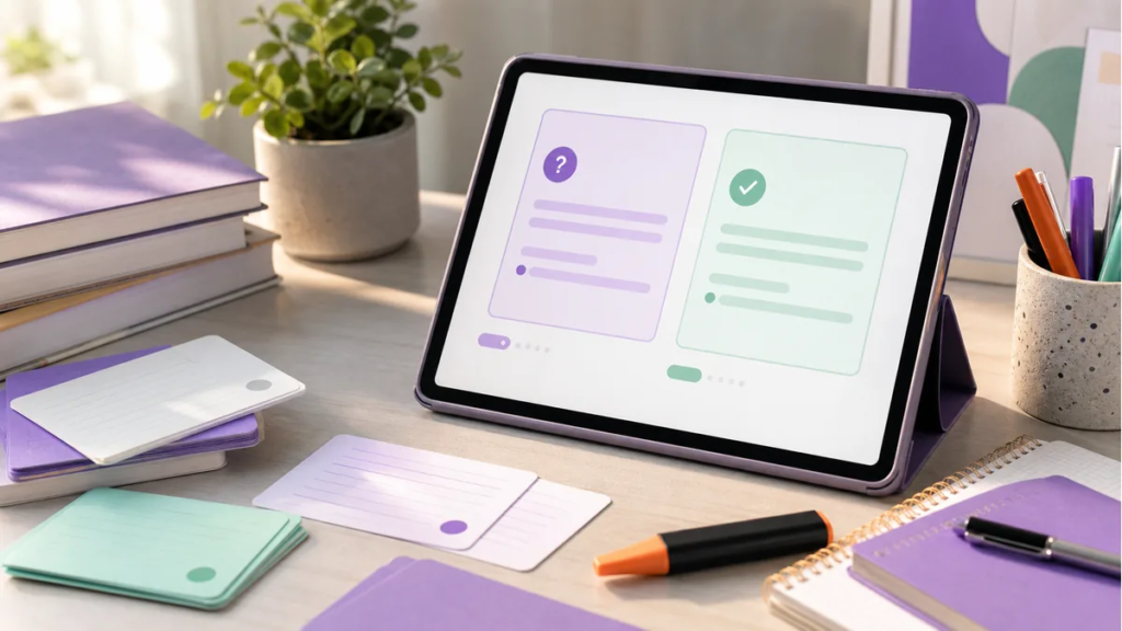 AI flashcard maker free comparison with digital study cards and printed notes on a bright desk