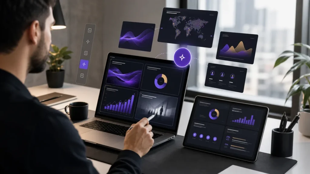 AI pitch deck generator creating investor slides with charts and startup visuals