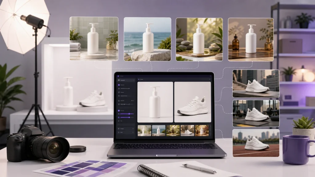 AI product background generator showing ecommerce product photo backgrounds
