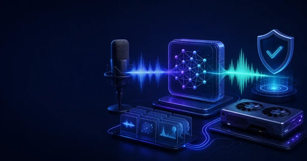 Microphone waveform passing through a neural voice model beside a GPU, dataset tiles and consent shield