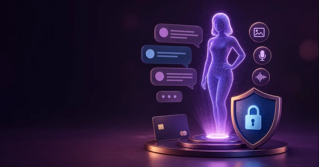 Tasteful adult AI companion interface with chat, image, voice, payment and privacy symbols