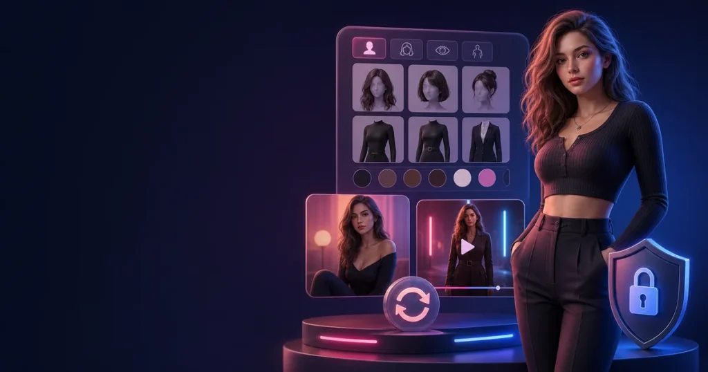 Tasteful adult AI character builder with image and video frames, renewal symbol and privacy shield