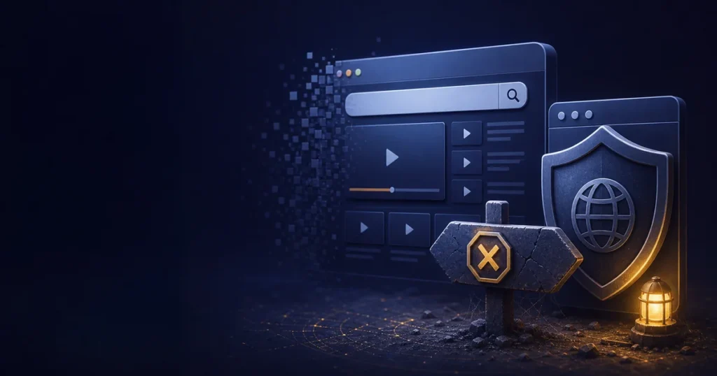 Expired video search interface beside a browser safety shield and a closed direction sign