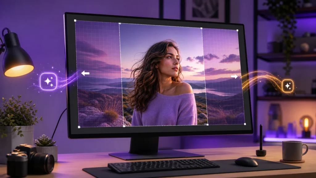 AI image extender no sign up tool expanding a portrait photo into a wider scene