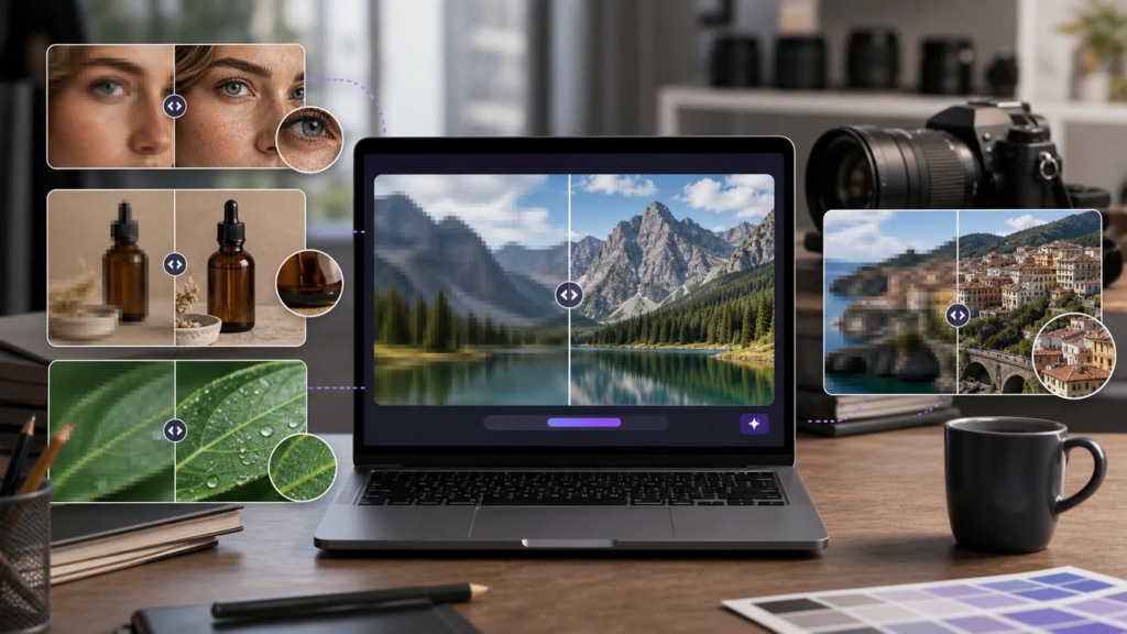 AI image upscaler no sign up tool sharpening low resolution photos