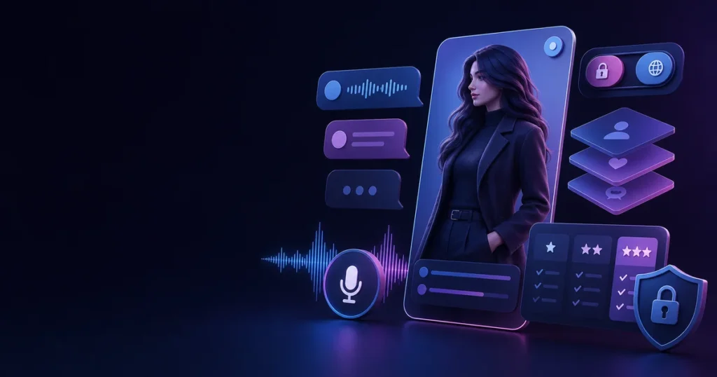 Tasteful adult fictional character card with text and voice chat, plan levels and privacy shield