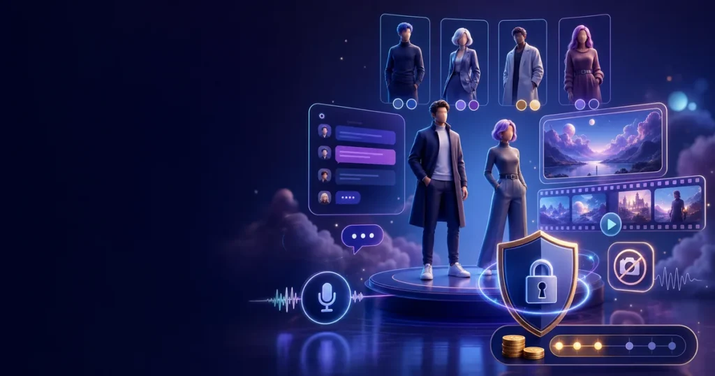 Dreamlike fictional adult character platform with chat, image, video, voice, coin meter and a no-photo safety symbol