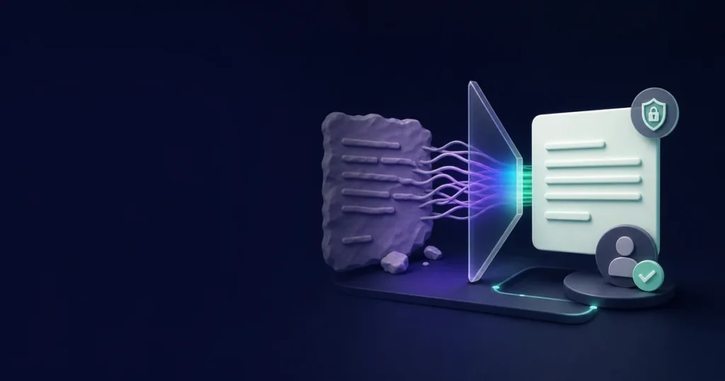 Rough email text passing through an AI tone filter into a professional message with a privacy shield
