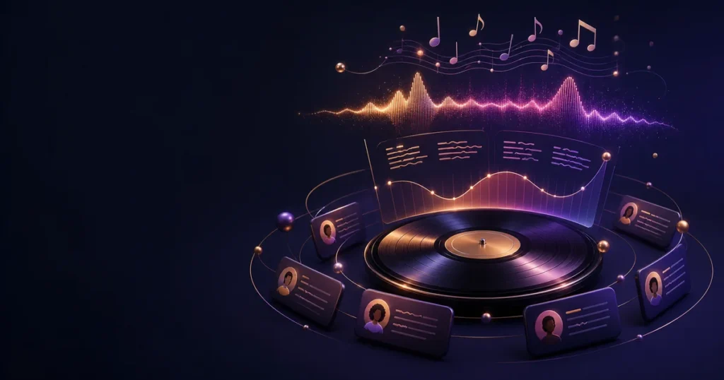 Vinyl record surrounded by music waveforms, emotional arc charts and community insight cards