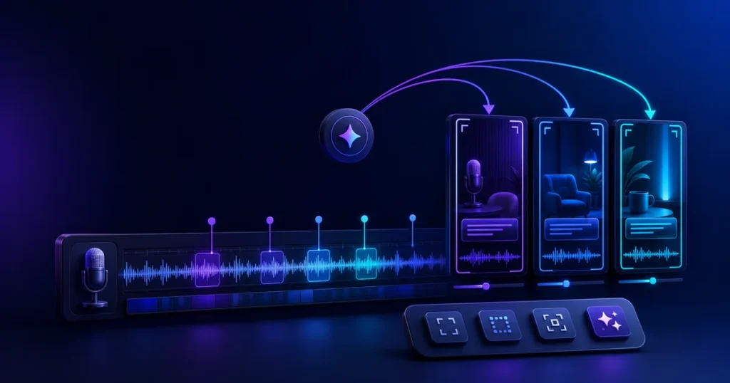 Long podcast timeline being transformed into several vertical short video clips by AI