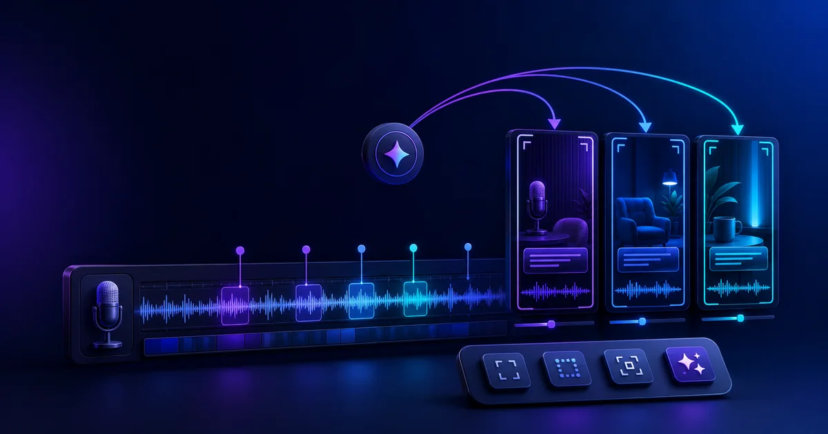 Long podcast timeline being transformed into several vertical short video clips by AI