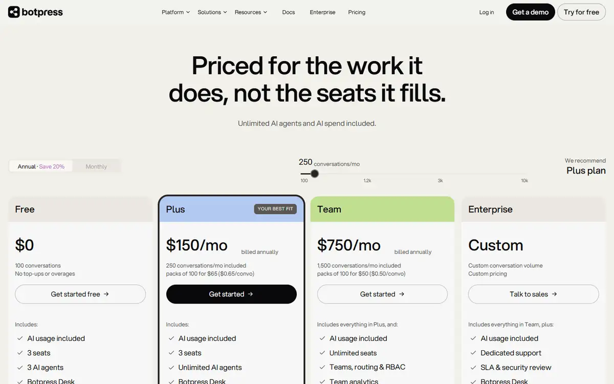 Botpress pricing evidence for Chatbase vs Botpress support test