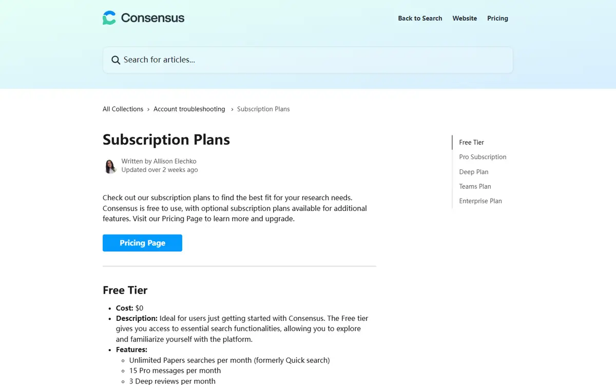 Consensus subscription limits for Consensus vs Elicit literature review