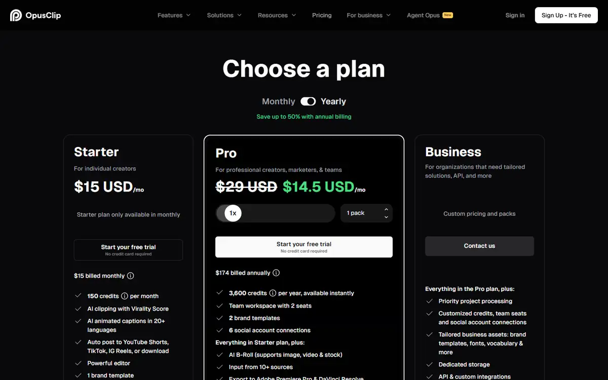 OpusClip pricing evidence for OpusClip vs Vizard webinar clips