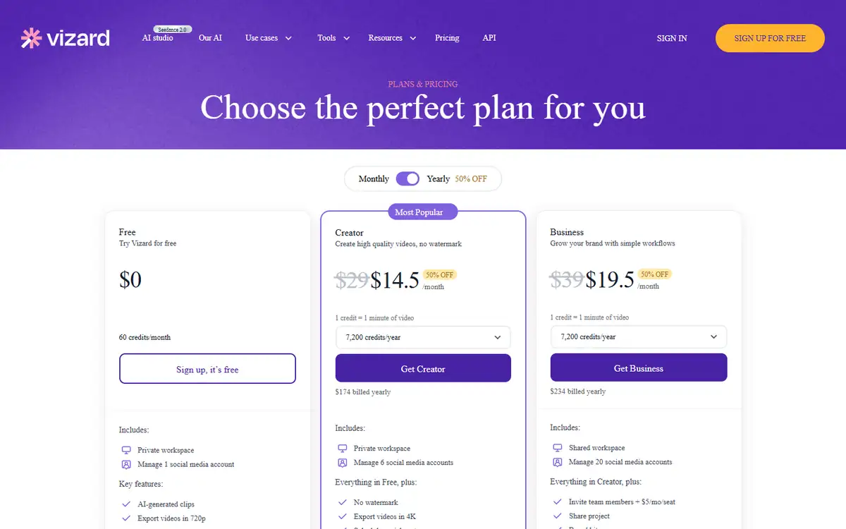 Vizard pricing evidence for OpusClip vs Vizard webinar clips
